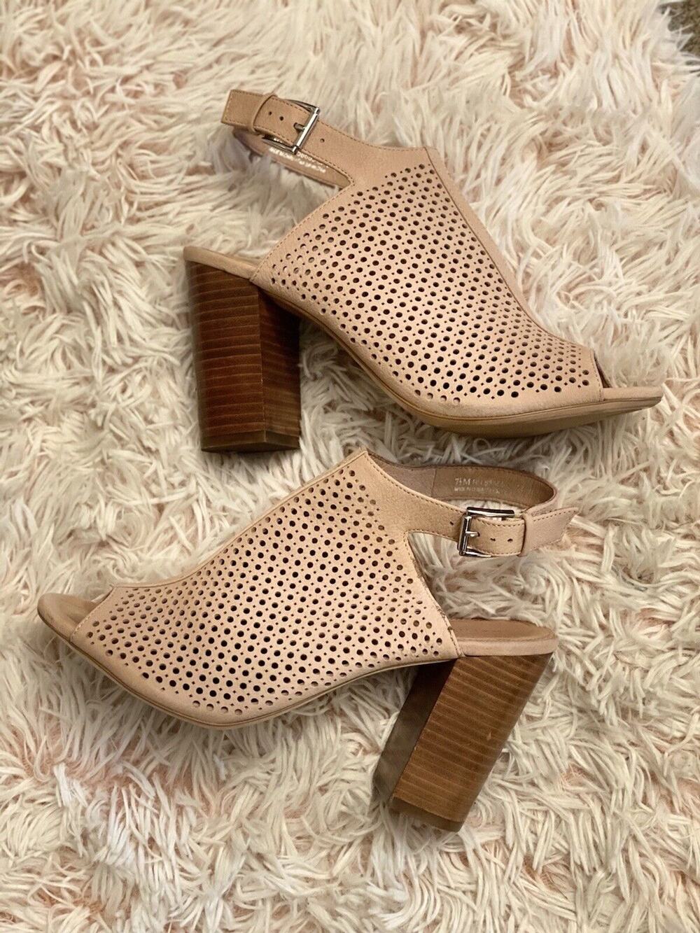 Halogen Open Toe Sling Black Heels Shoes Beige Leather Size 7.5M